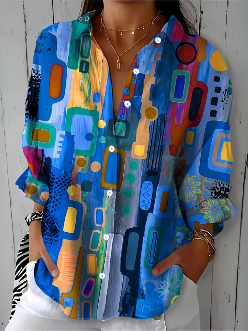 Women's Artistic Patterned Button-Up Blouse with Relaxed Fit 6