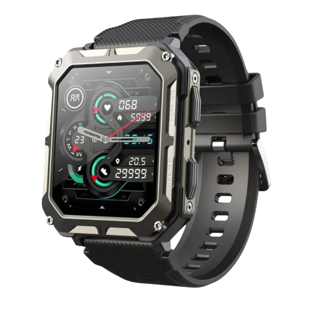 Robuste Smartwatch mit Herzfrequenzmesser, Schrittzähler, schwarz, Outdoor, wasserdicht.