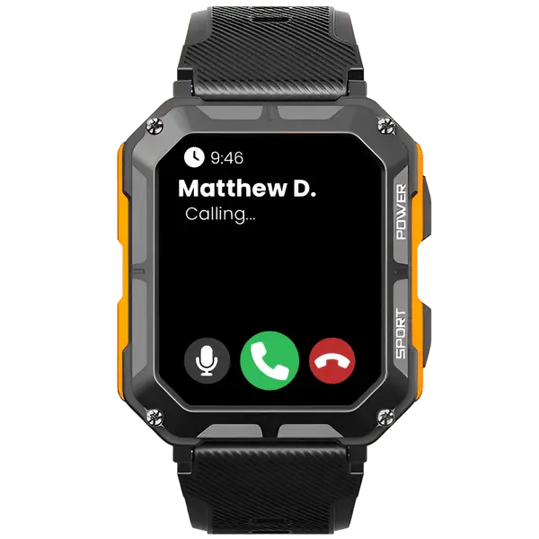 Unzerstörbare Smartwatch mit Herzfrequenzmesser, Schrittzähler, schwarz-orange, Outdoor.