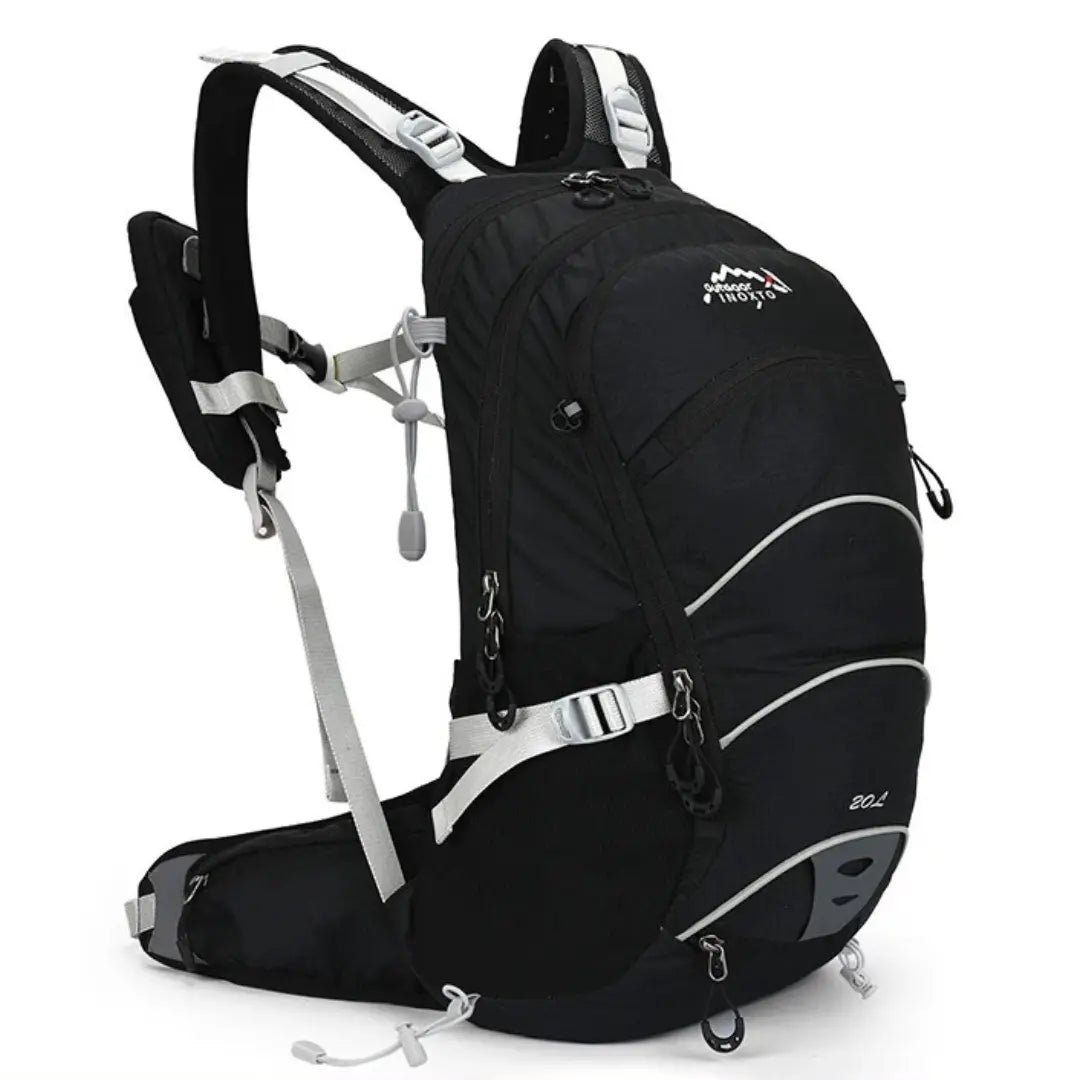 Schwarzer wasserdichter Outdoor-Rucksack 20L mit verstellbaren Gurten für Wandern und Camping.