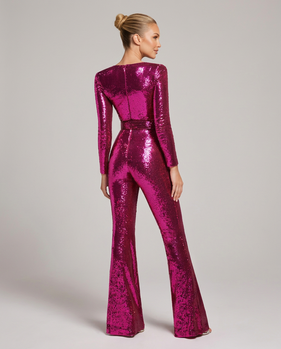 Women's Sequin Jumpsuit with Sweetheart Neckline, Long Sleeves and Belted Waist 2
