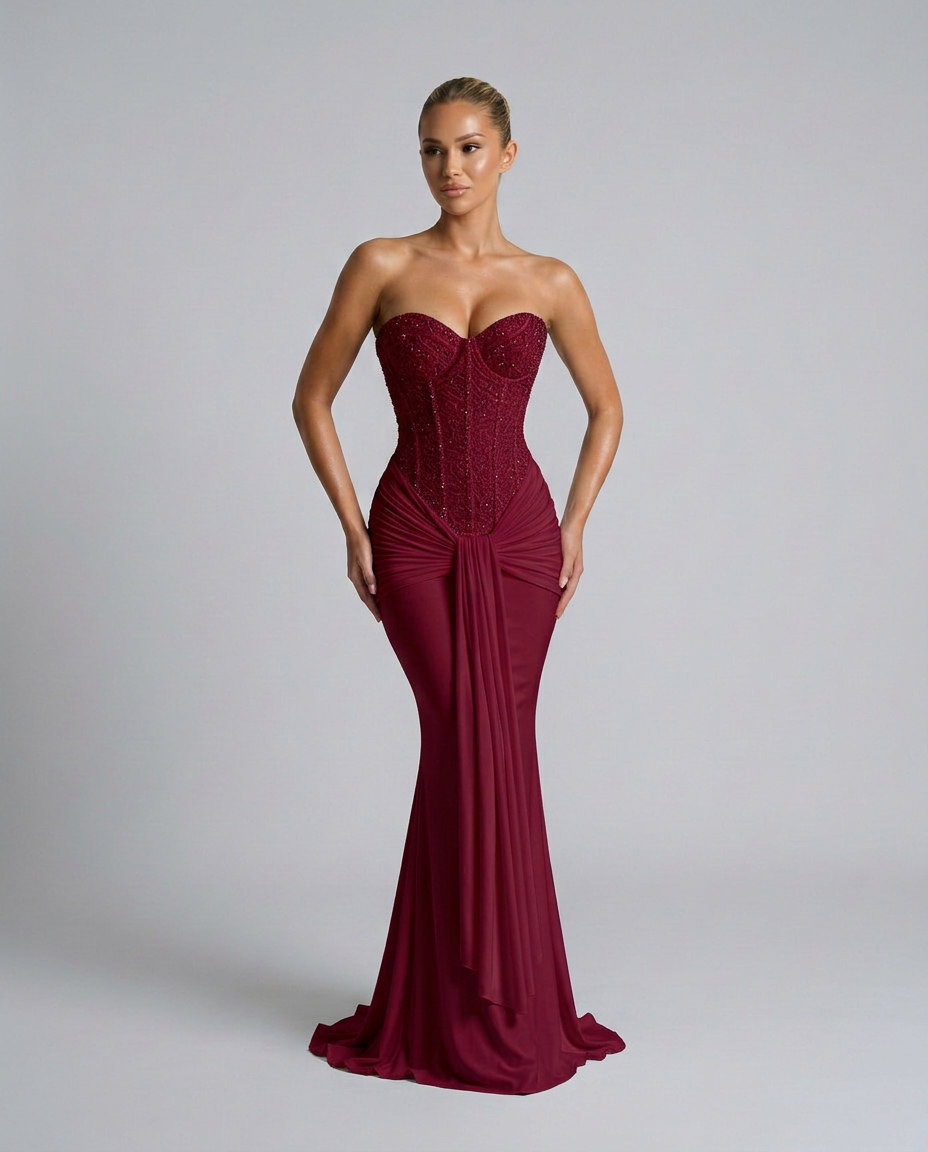 Weinrotes Meerjungfrauenkleid mit Korsagenoberteil, Hände in die Hüften gestützt, Model leicht gedreht 5