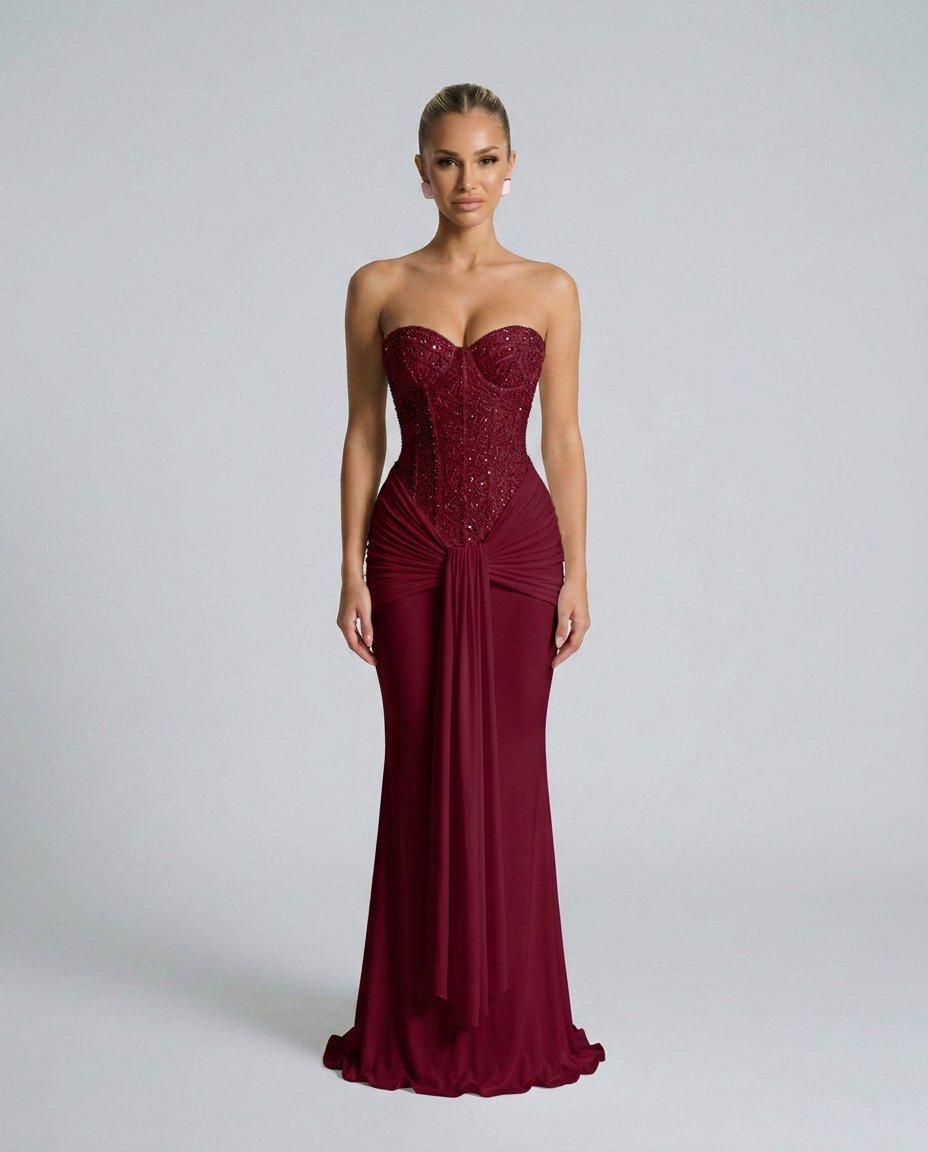 Weinrotes trägerloses Maxikleid mit glitzerndem Korsagenoberteil und Drapierung, frontal am Model 3