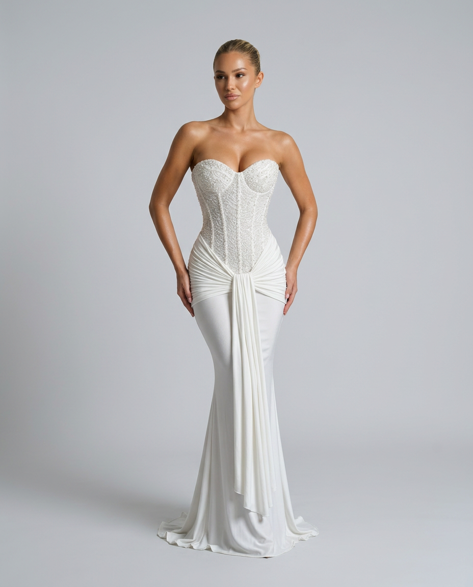 Weißes Maxikleid in enger Meerjungfrauenform mit Korsage und Drapierung, Model mit Händen an den Hüften 8