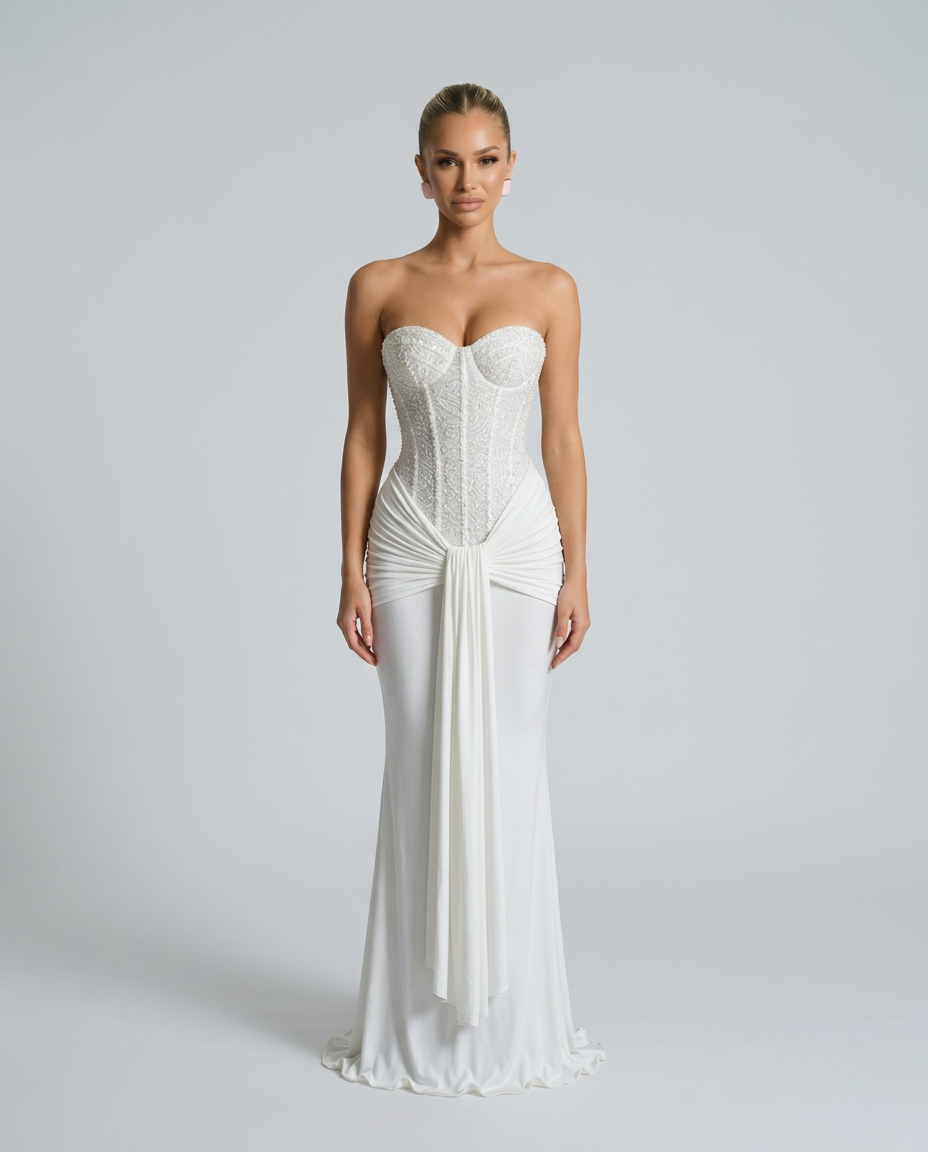 Weißes trägerloses Maxikleid mit perlenbesetzter Korsage und drapiertem Tuch, frontal am Model 6
