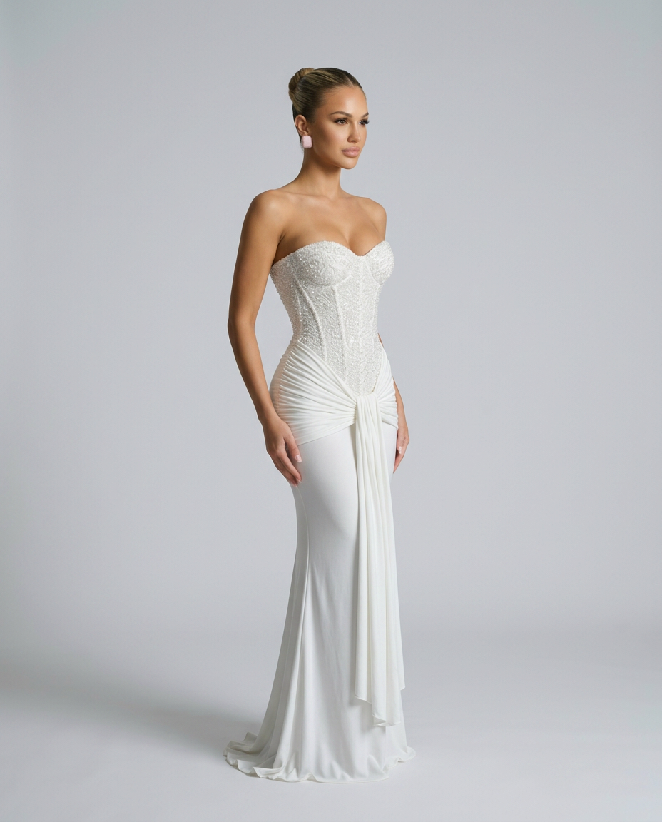 Weißes Maxikleid mit perlenverziertem Oberteil und fließender Draperie, seitlich vom Model getragen 7