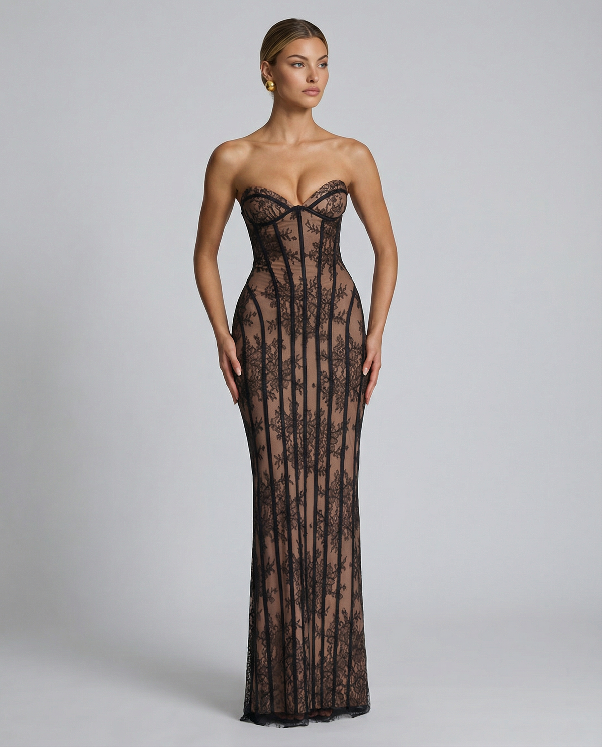 Strapless Floral Lace Corset Maxi Dress 8