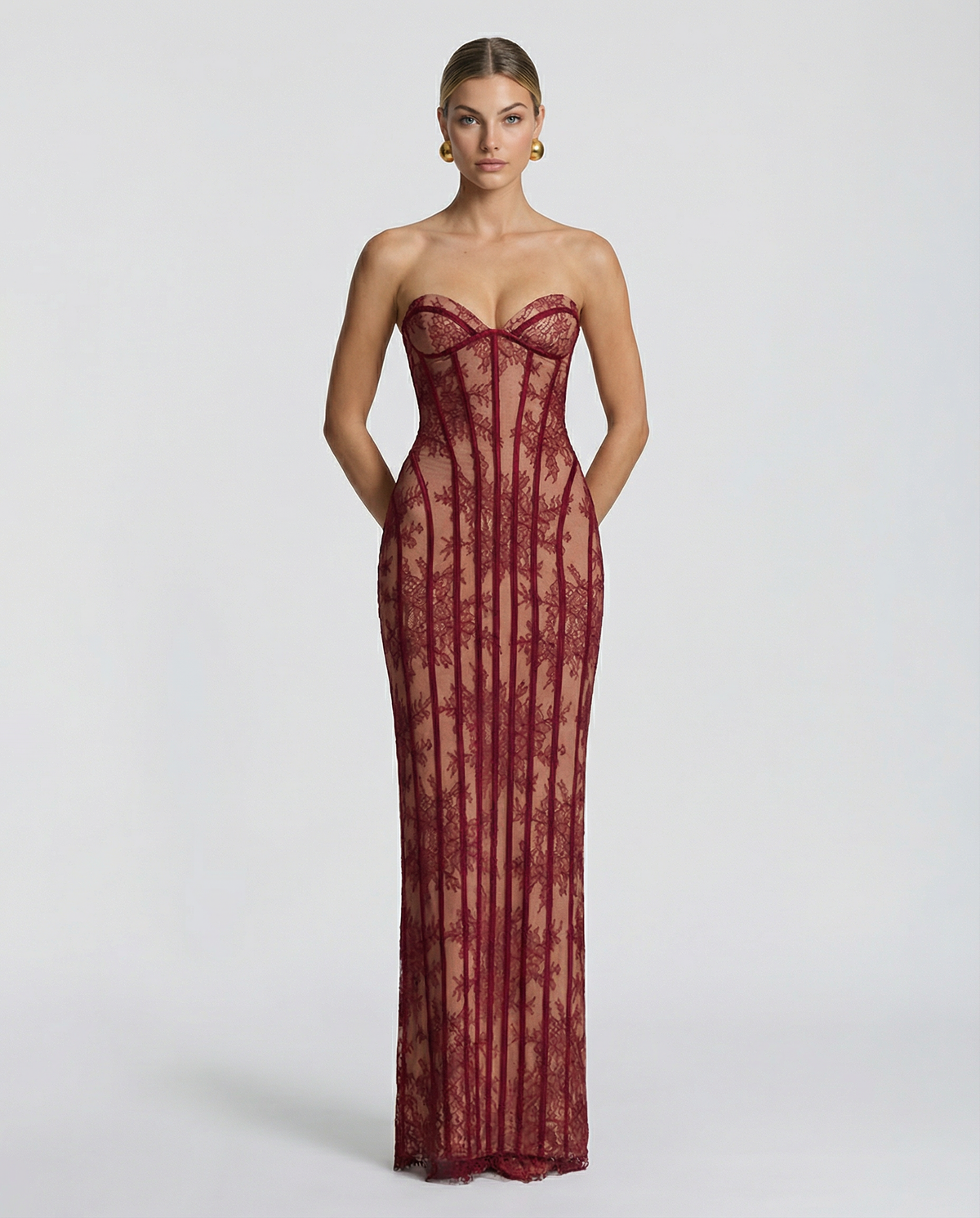 Strapless Floral Lace Corset Maxi Dress 1