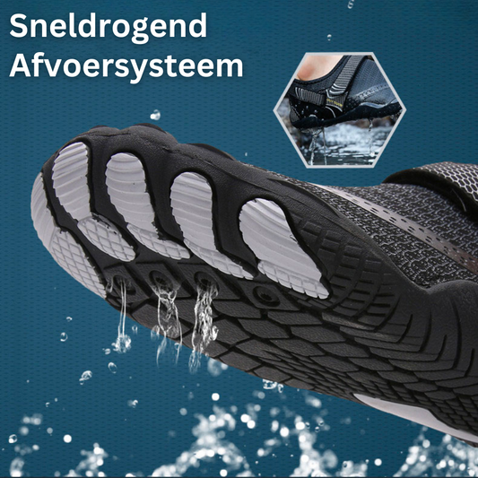 Schwarzer Wasserschuh mit Schnellablaufsystem, rutschfest, atmungsaktiv, ideal für Outdoor.