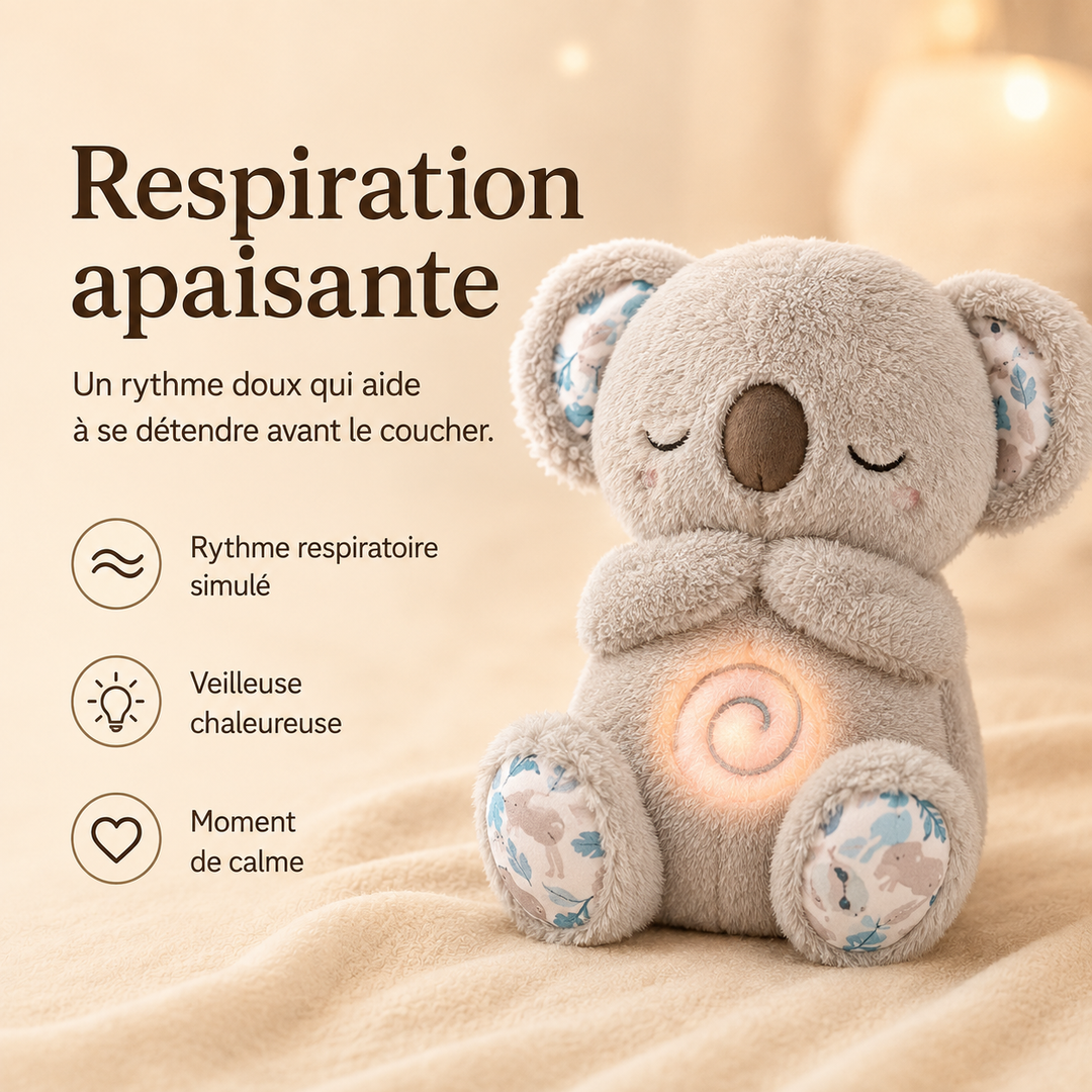 Koala-Plüschtier mit gefalteten Pfoten, blau gemusterten Ohren und Füßen sowie sanft leuchtendem Spiralbauch, daneben Symbole für Atemrhythmus und Nachtlicht. 8
