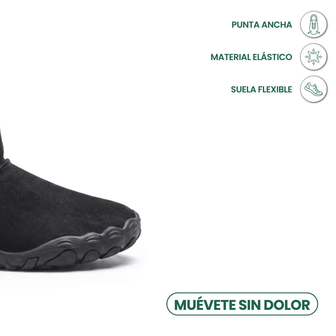 Schwarze Stiefelspitze mit Sohle, daneben Symbole zu breiter Zehenbox, elastischem Material und flexibler Sohle 14