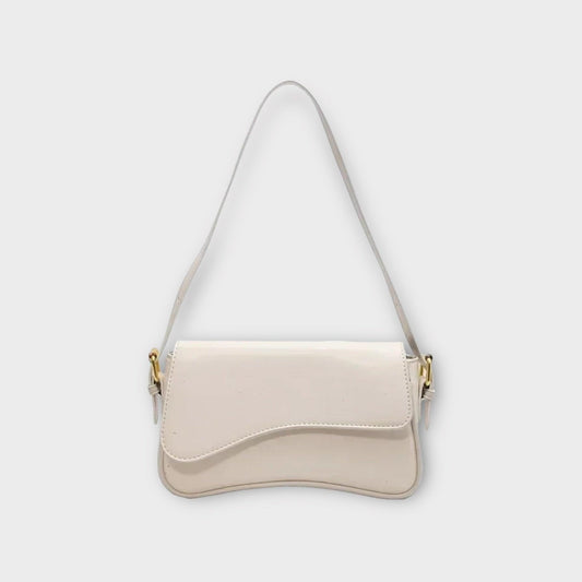Weiße Lederhandtasche mit goldenen Details, elegantes Design, Damenmode Accessoire.