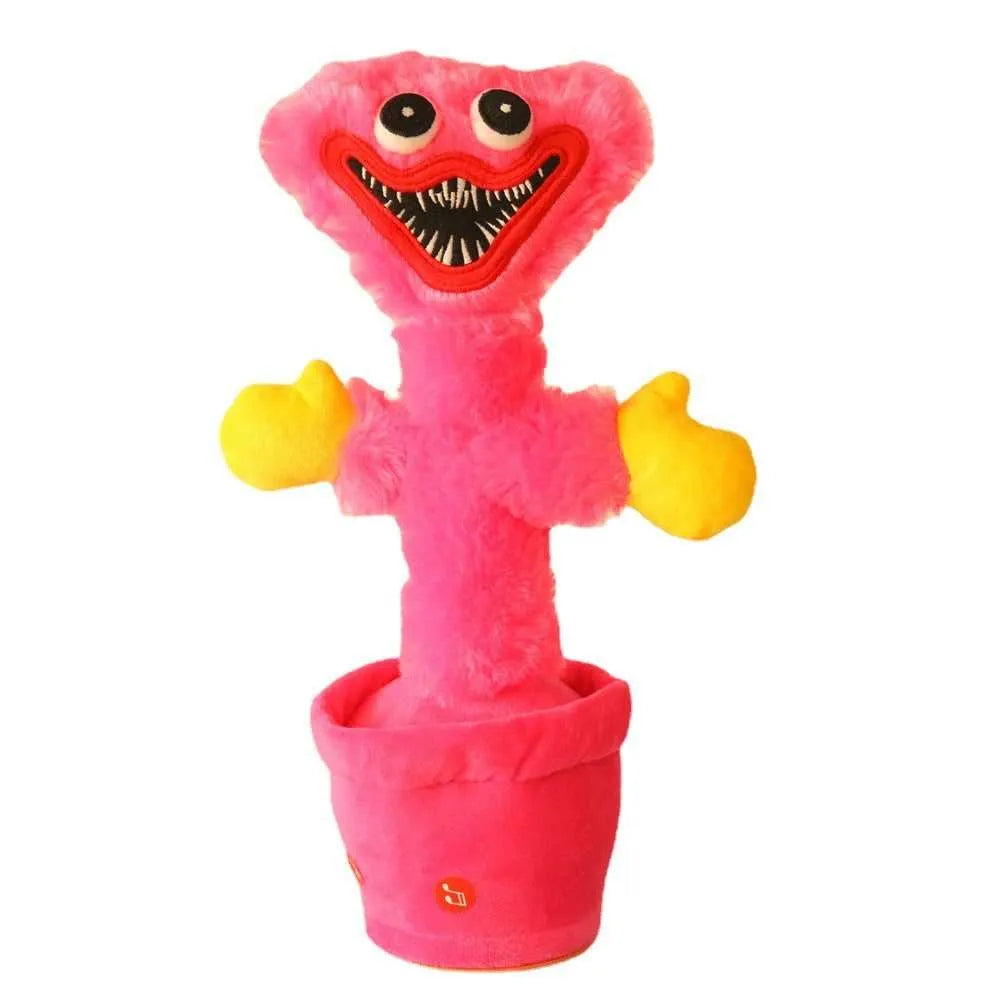 Rosa elektrisches Tanzplüschtier, gelbe Hände, fröhliches Gesicht, Kinderunterhaltungsspielzeug.