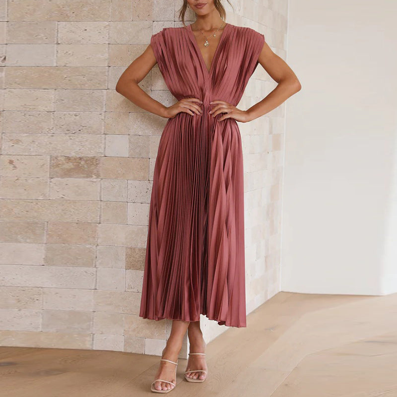 Pleated Midi Dress With V-Neckline - Sandy