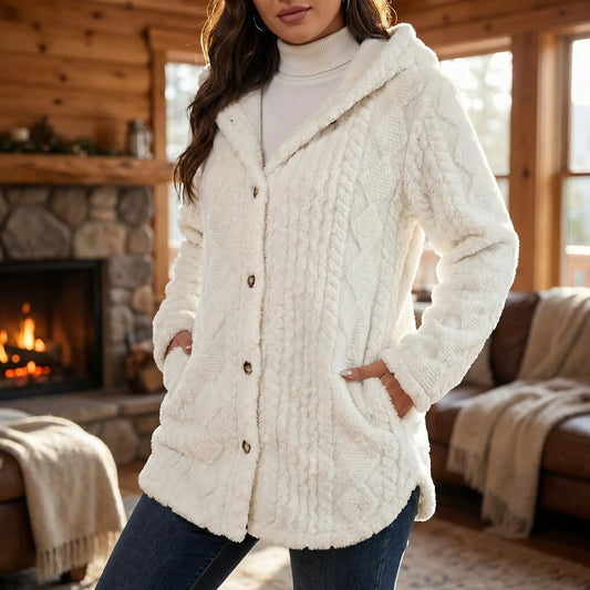 Plüschjacke Mit Kapuze Und Durchgehender Knopfleiste - Amy