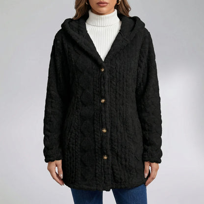 Plüschjacke Mit Kapuze Und Durchgehender Knopfleiste - Amy