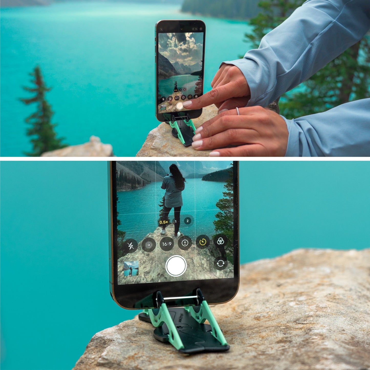 Tragbares türkisfarbenes Handy-Stativ am See, ideal für Selfies und Landschaftsfotografie.