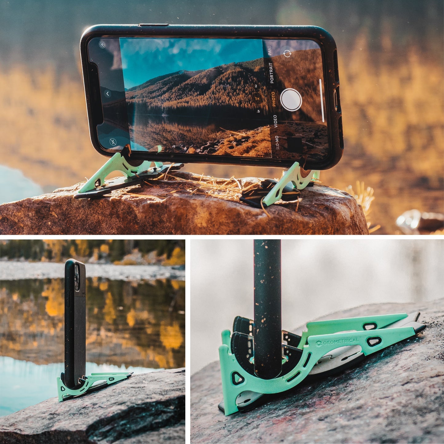 Grüner PocketTripod für iPhone, Landschaftsfotografie, kompakt, verstellbar, auf Felsen.