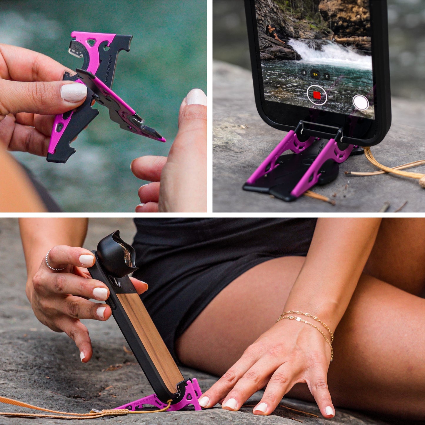 Tragbares pinkes Kartenstativ für Smartphones, ideal für Selfies und Landschaftsfotografie.