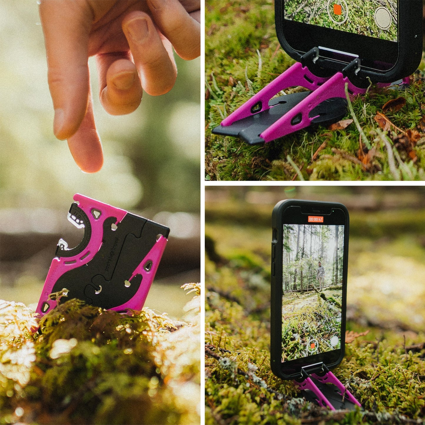 Tragbares pinkes iPhone-Stativ auf Felsen, ideal für Landschaftsfotografie und Porträts.