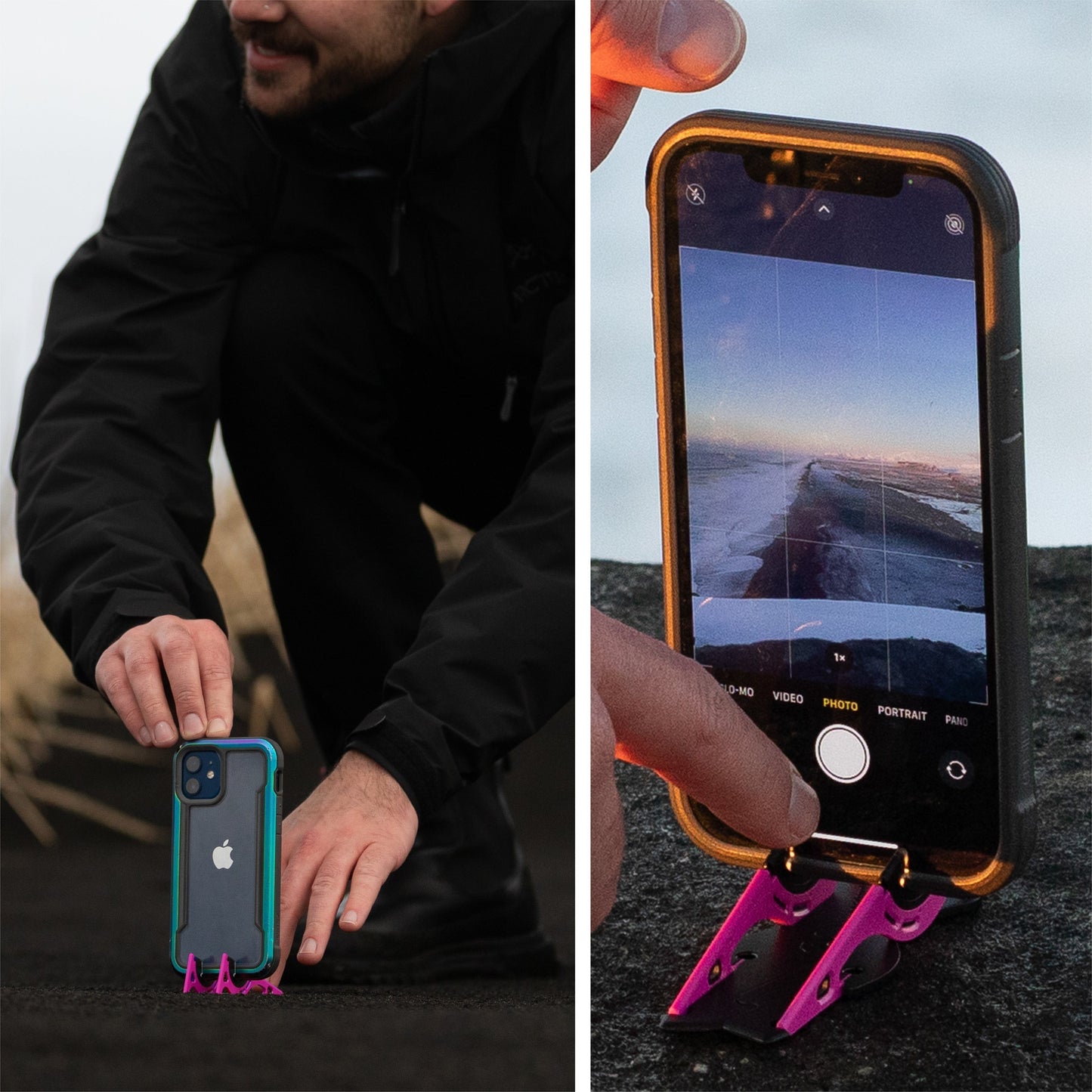 iPhone-Stativhalterung, pink, für Fotografie, auf Felsen, mit Hülle, kompakt, tragbar.