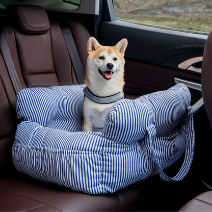 Gestreiftes blaues Hundebett Autositz, tragbar, für Haustiere, bequem, zweisitzig.