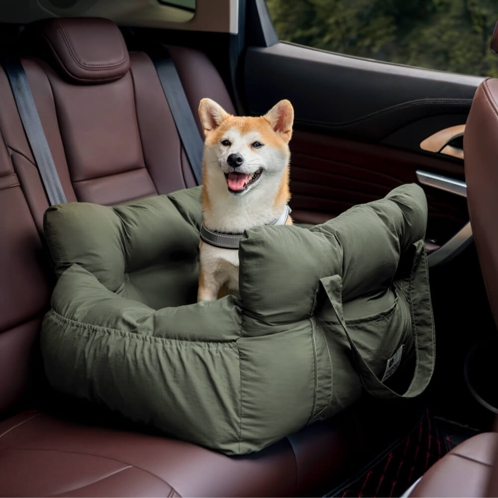 Dunkelgrünes tragbares Hundebett Autositz, Shiba Inu, bequem, Reisen, Haustierbedarf.