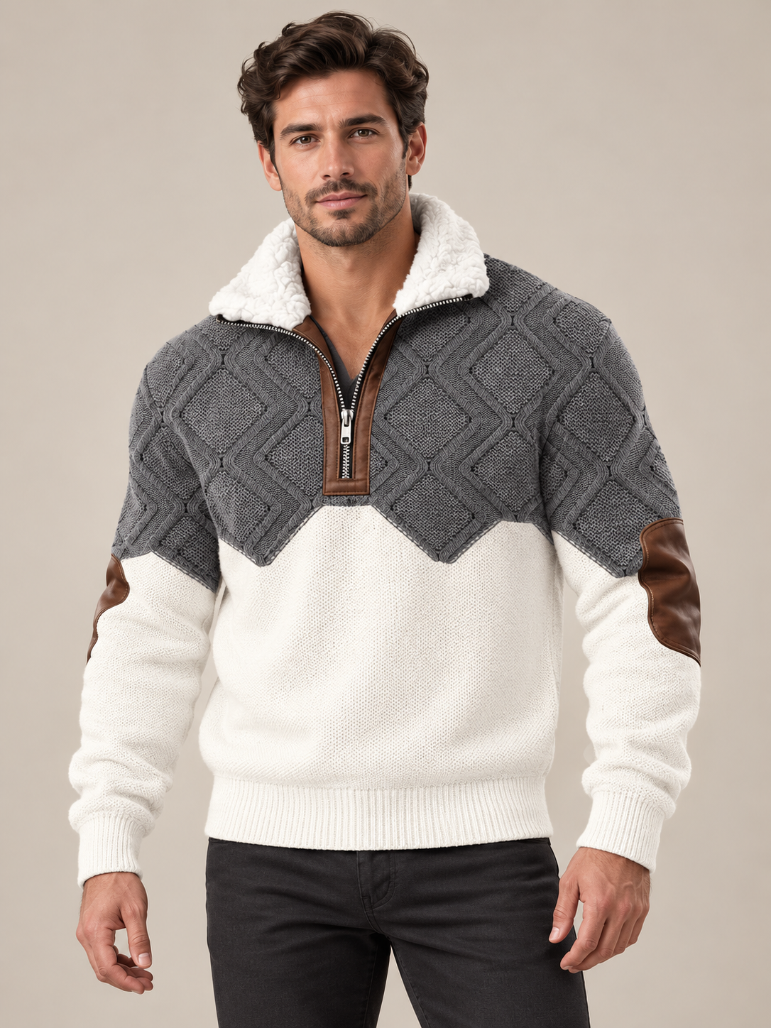 Mann trägt den Strickpullover in Grau und Weiß mit Rautenmuster, Teddykragen und Ellbogenpatches 1