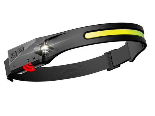 Schwarze LED-Stirnlampe mit verstellbarem Band, USB-aufladbar, ideal für Outdoor-Aktivitäten.