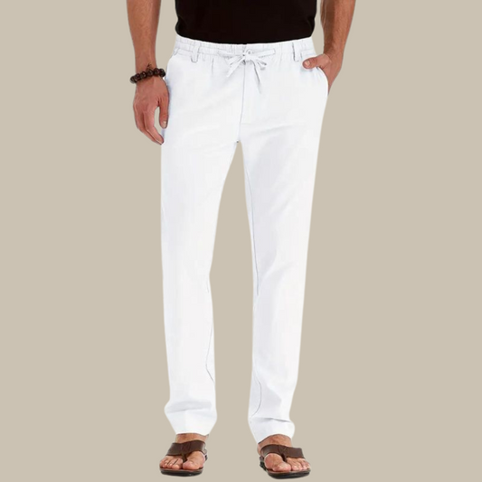 Weiße Herren-Leinenhose, lässig, mit Kordelzug, ideal für Sommermode.