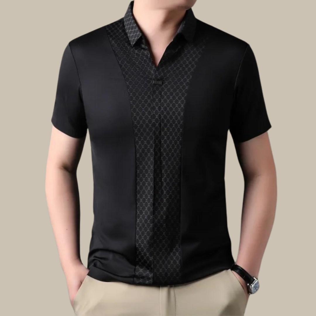 Schwarzes Herrenhemd mit Muster, Kurzarm, elegantes Design, ideal für formelle Anlässe.