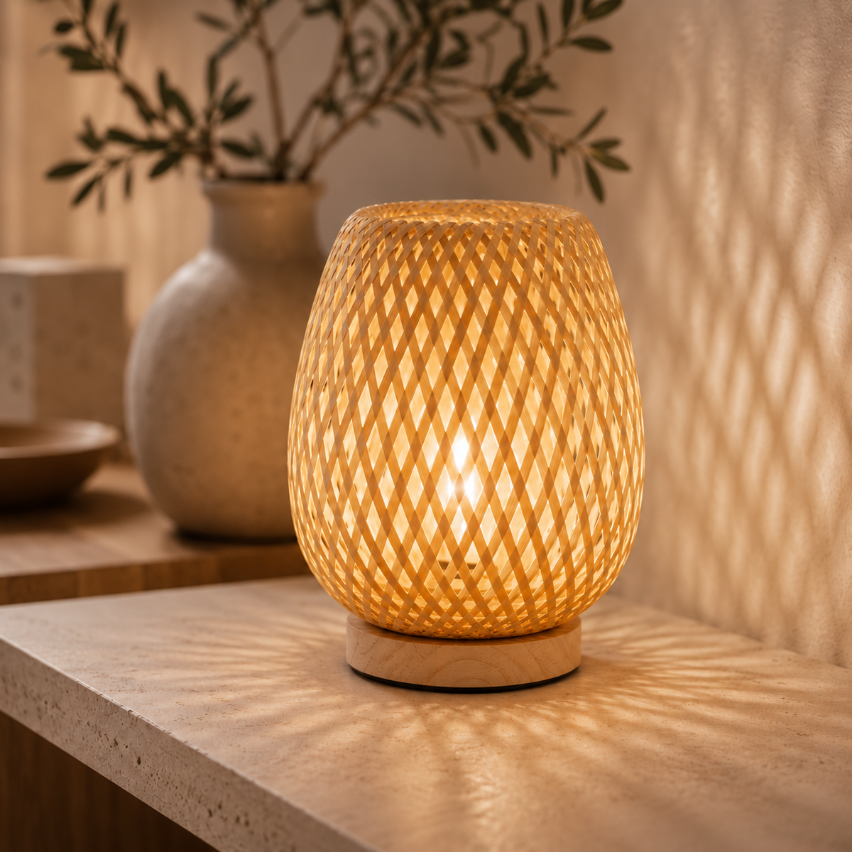 Nahaufnahme der leuchtenden Bambus-Tischlampe mit geflochtenem Schirm auf rundem Holzfuß, die Lichtmuster auf Steinplatte und Wand wirft. 1