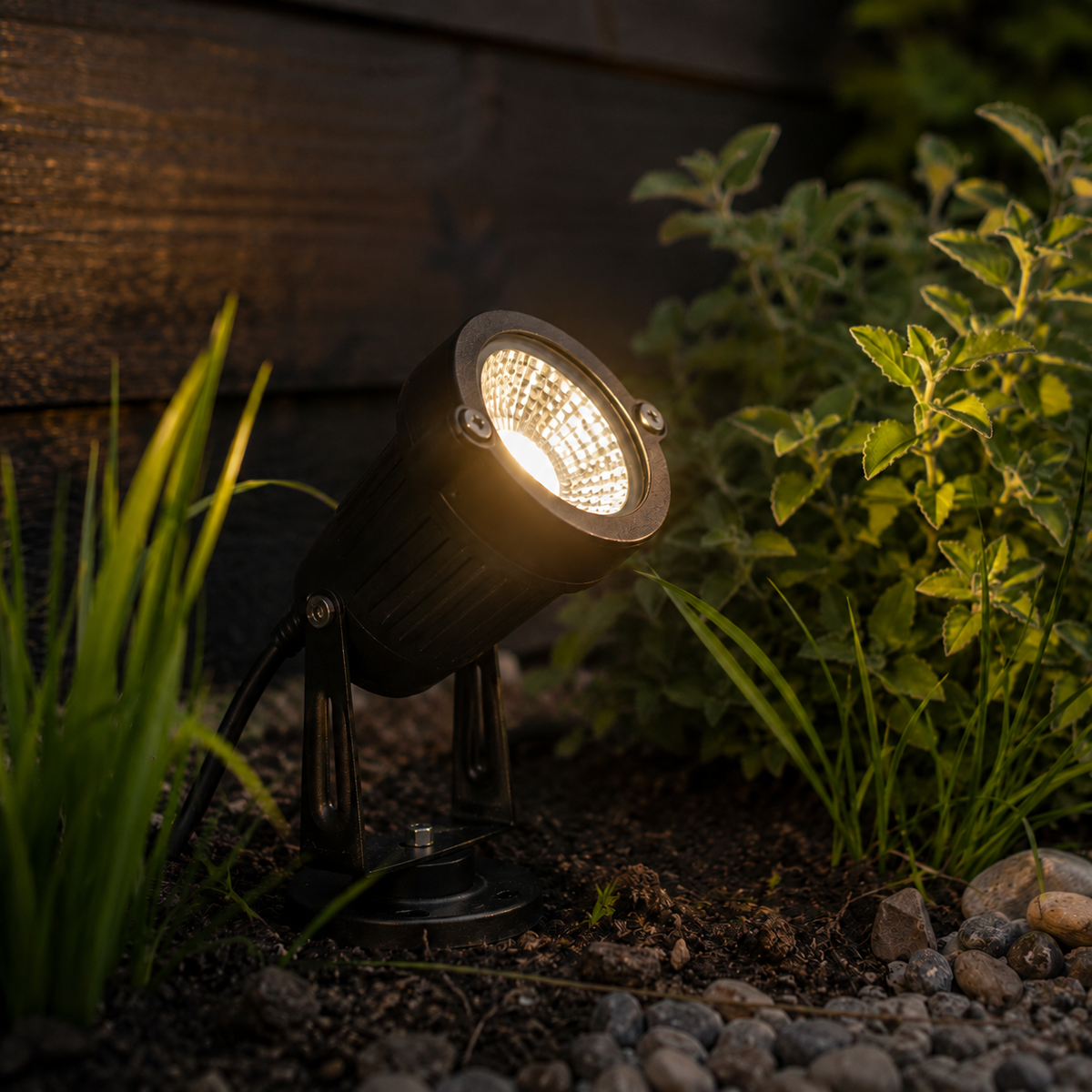 Leuchtender Gartenstrahler in der Dämmerung, schräg im Erdboden zwischen Gras, Kräutern und Kieselsteinen vor einer Holzwand, mit sichtbarem Kabel und Bodenplat 6