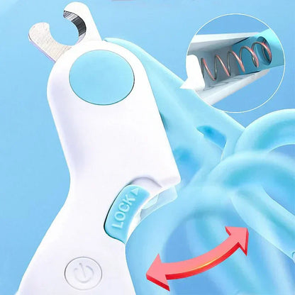 Professionelle Haustier-Nagelknipser mit LED-Licht, weiß-blau, für Hunde und Katzenpflege.