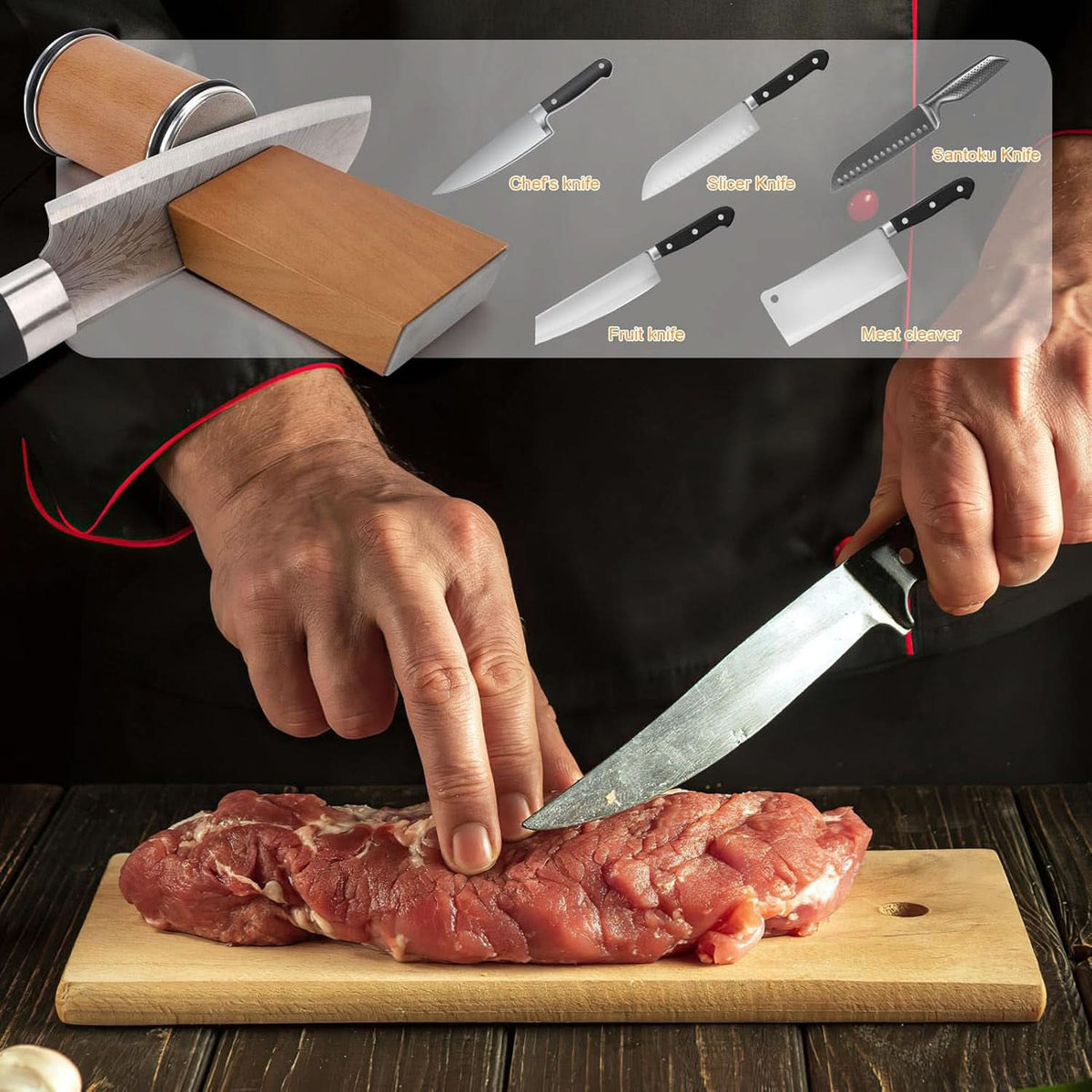 Schärfer an einer Klinge im Einsatz, darüber fünf Messertypen als Übersicht, darunter schneidet eine Hand ein Stück Fleisch auf einem Holzbrett. 10