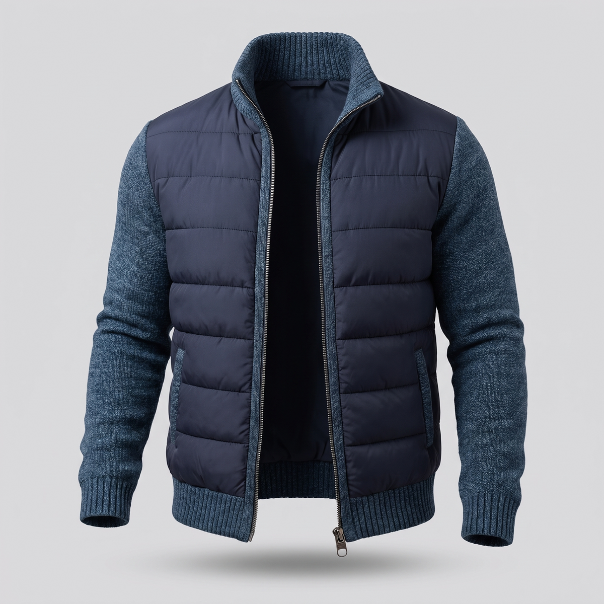 Marineblaue Steppjacke mit blau melierten Strickärmeln und offenem Reißverschluss, Frontansicht 4