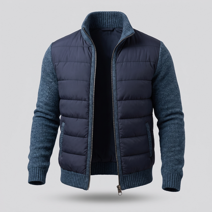 Marineblaue Steppjacke mit blau melierten Strickärmeln und offenem Reißverschluss, Frontansicht 4