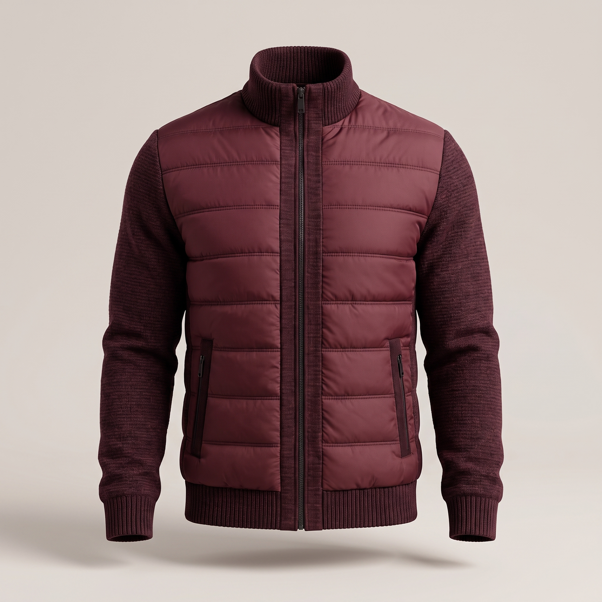 Weinrote Steppjacke mit Strickärmeln, geschlossenem Reißverschluss und Reißverschlusstaschen, Frontansicht 5