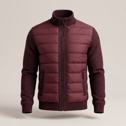 Weinrote Steppjacke mit Strickärmeln, geschlossenem Reißverschluss und Reißverschlusstaschen, Frontansicht 5
