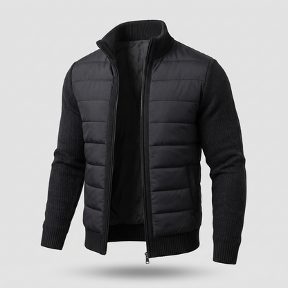 Schwarze Steppjacke mit gerippten Strickärmeln und Stehkragen, offen, leicht von der Seite 6