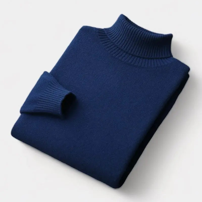 Marineblauer Rollkragenpullover, gefaltet, mit gerippten Ärmelbündchen und hohem Kragen 7