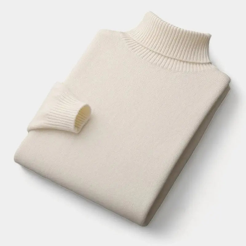 Cremeweißer Rollkragenpullover, gefaltet, mit sichtbar gerippten Ärmelbündchen und Kragen 4
