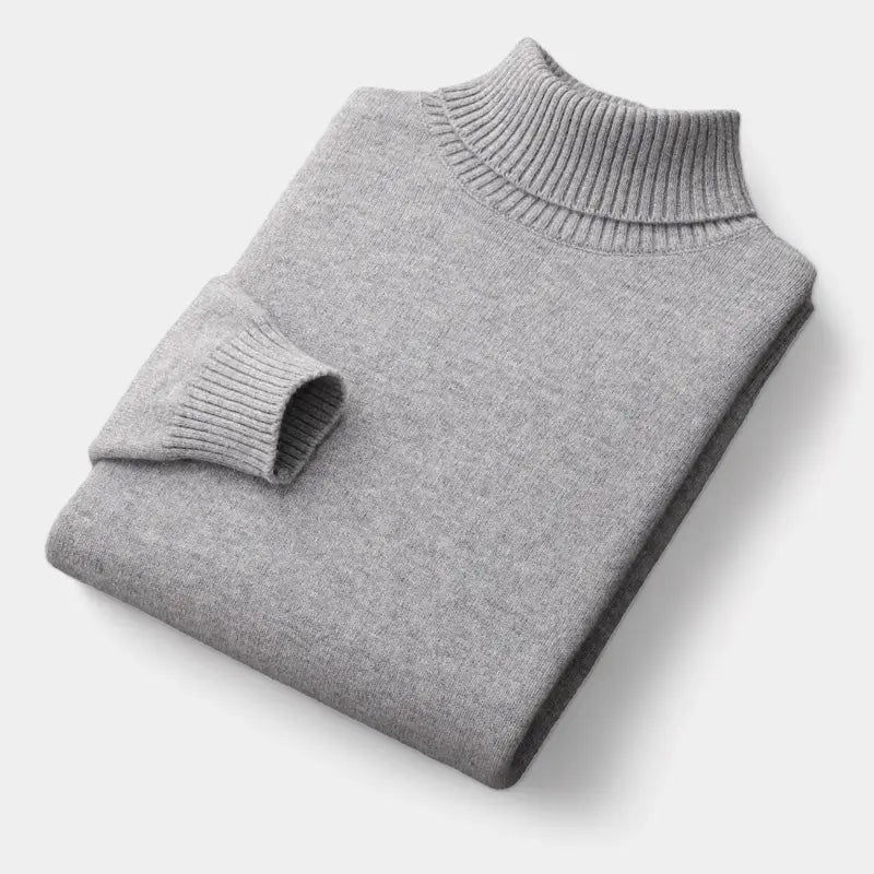 Hellgrauer Rollkragenpullover, gefaltet, mit gerippten Bündchen und feiner Strickstruktur 6
