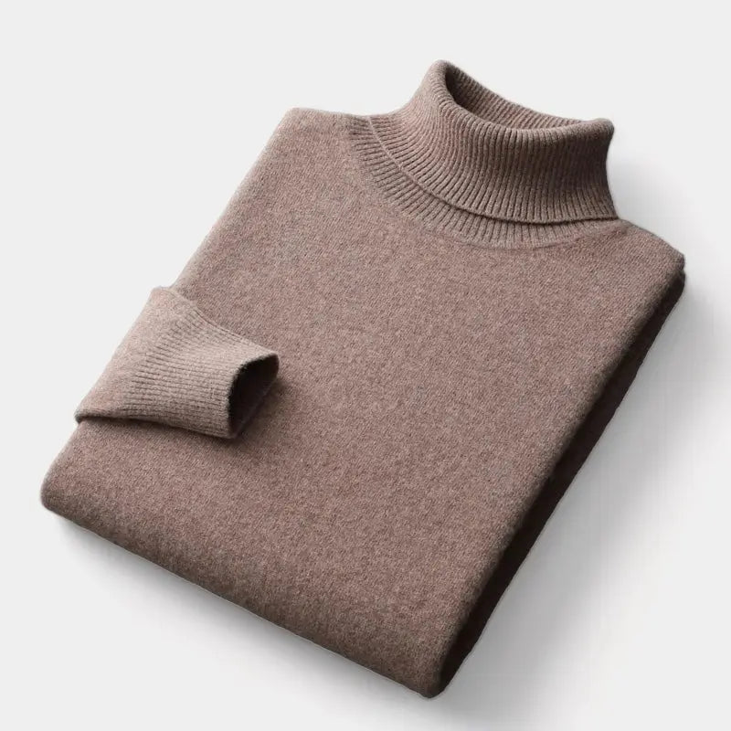 Brauner Rollkragenpullover, gefaltet, mit gerippten Ärmelbündchen und gerippter Kragenpartie 9