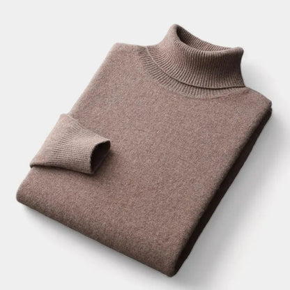 Brauner Rollkragenpullover, gefaltet, mit gerippten Ärmelbündchen und gerippter Kragenpartie 9