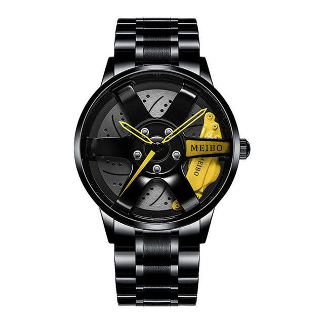 Schwarze Herren-Quarzuhr, wasserdicht, Automatik, sportliches Design, gelbe Akzente.
