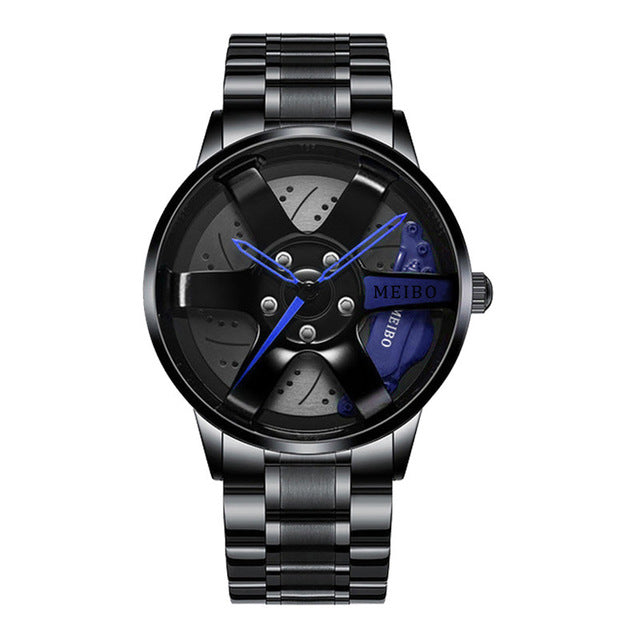 Schwarze Herren-Quarzuhr, wasserdicht, Metallarmband, sportliches Design, blauer Akzent.
