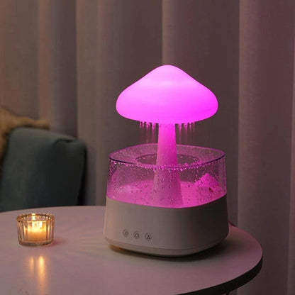Pilzförmiger Luftbefeuchter mit rosa LED-Licht auf Tisch, moderne Wohnkultur.