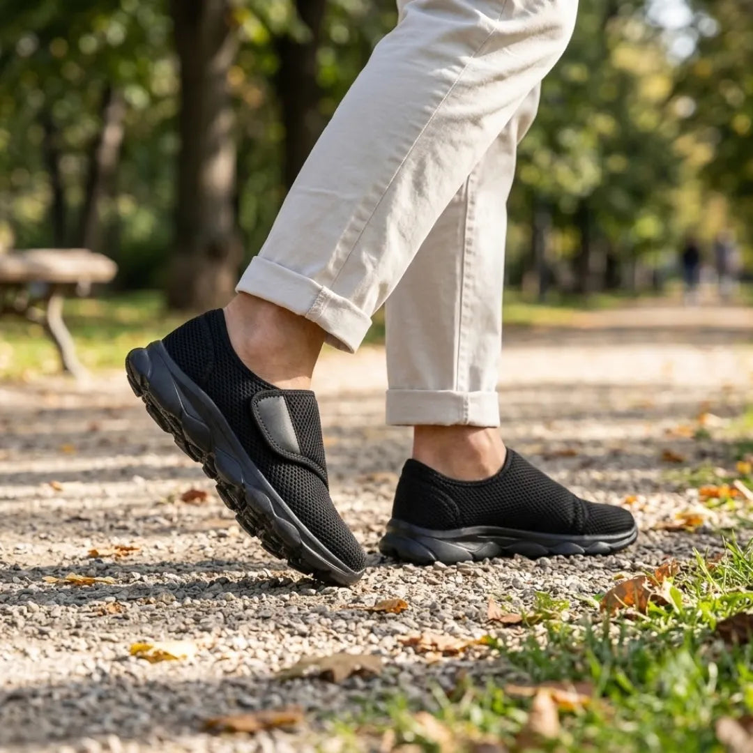 Person in hellen Hosen geht auf Kiesweg im Park und trägt die komplett schwarzen Klettschuhe mit profilierter Sohle. 11