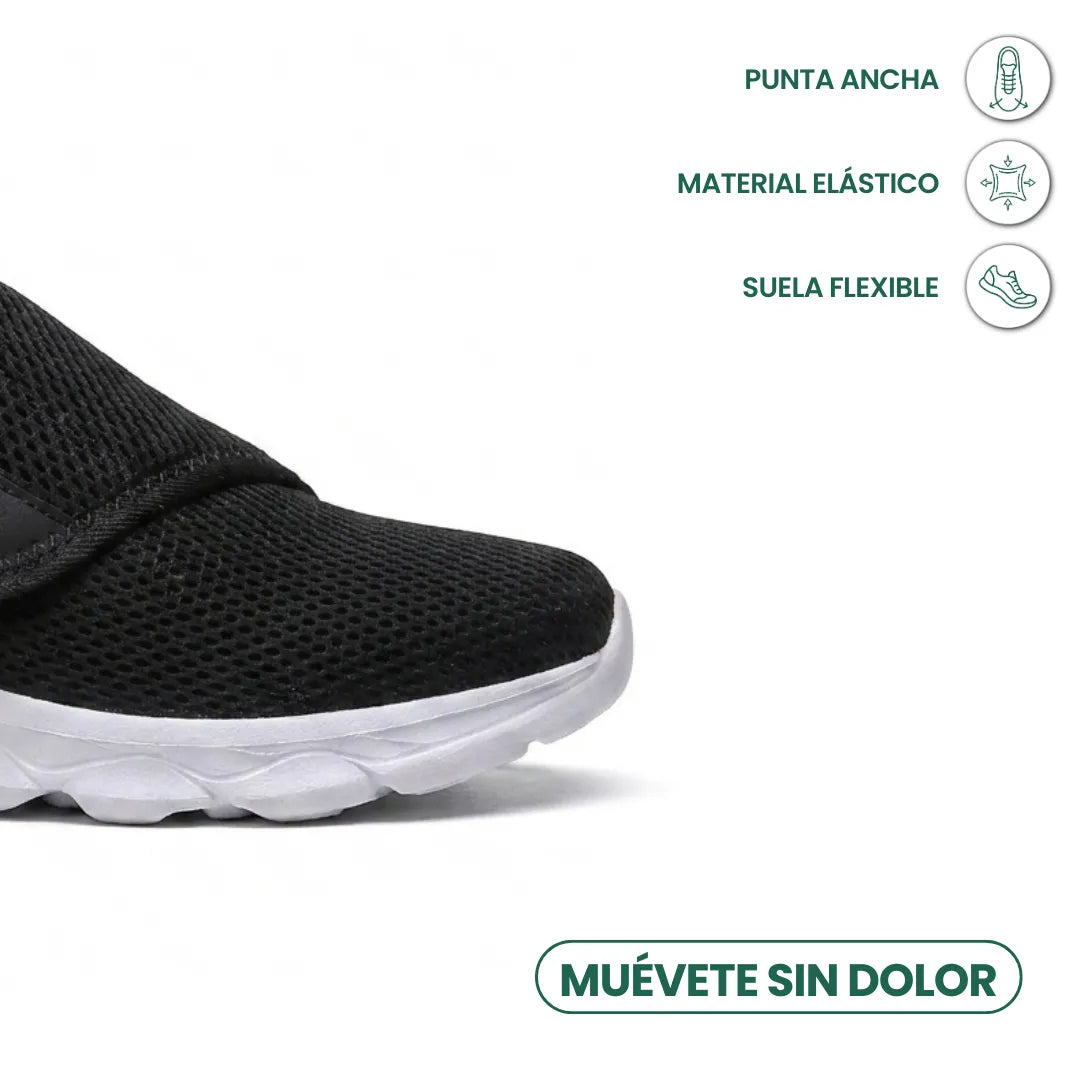 Nahaufnahme der Schuhspitze des schwarzen Netzschuhs mit breiter Zehenbox, elastischem Material und flexibler weißer Sohle, Merkmale mit Symbolen markiert. 23